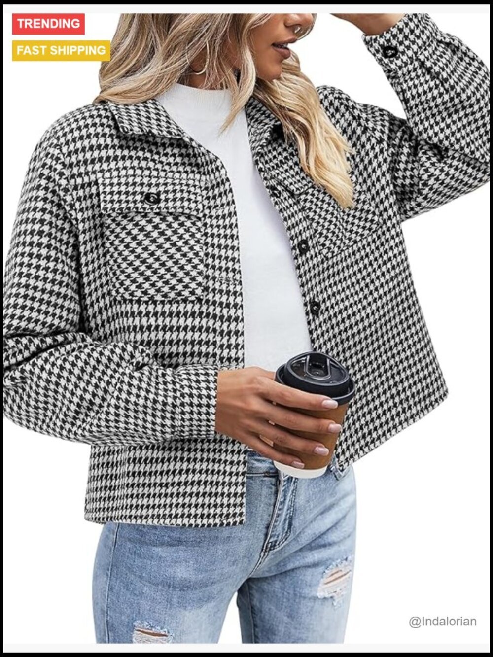 Wool Blend Flannel Cropped Shacket Plaid Button Down Casual Jacket